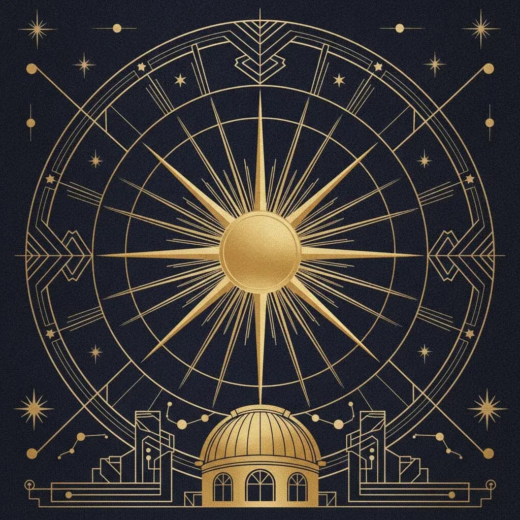 Art deco celestial observatory crowned by a radiant golden sun